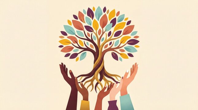 Diversity and Community, Diverse hands cradle a vibrant tree symbolizing unity and collective growth