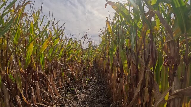 Moving through sunlit rows of mature corn