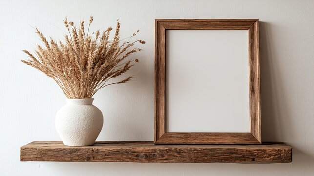 Dried wheat stalks sit inside a vase, placed beside a rustic wooden frame on a shelf, representing home decor