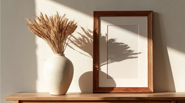 Dried wheat stalks and framed artwork create a serene composition bathed in sunlight, representing home decor concept