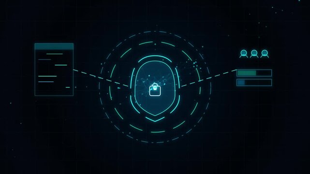 Cyber security shield icon with data processing and user authentication