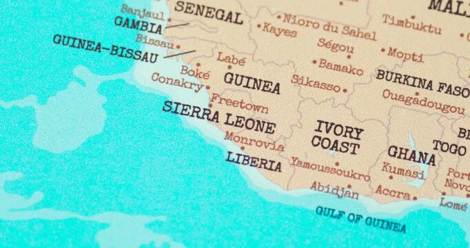 Zoom in view of sierra leone on a vintage political world map