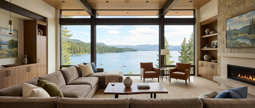 Modern living room with expansive lake view fireplace sectional sofa and cozy armchairs