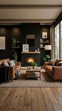 Modern Living Room with Fireplace Leather Sofas and Natural Light Cozy Interior Design