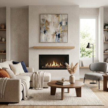 Modern Living Room with Fireplace Sectional Sofa Coffee Table and Abstract Art