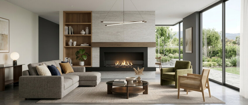 Modern living room with fireplace sectional sofa armchair and large windows overlooking a garden