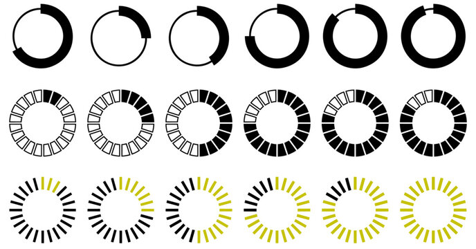 Multiple black and yellow circle loading spinners progress bars graphic elements set displayed on transparent background