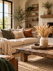Naklejka premium Cozy Neutral Living Room with Beige Sofa and Dried Wheat in a Ceramic Vase