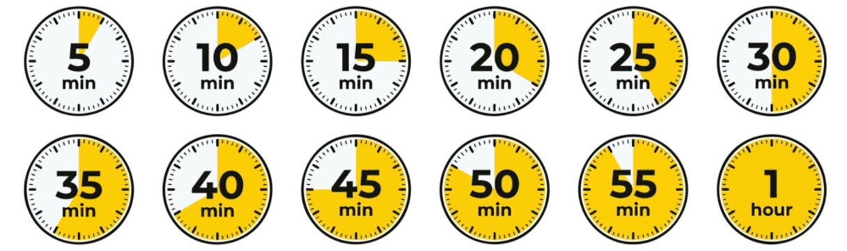 Set of round timers and clock countdown indicators showing intervals from five minutes up to one hour isolated on transparent background