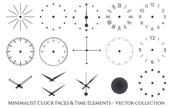 Minimalist clock faces set featuring various time indicators dials hands and numbers isolated on transparent background
