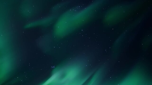 Flowing green aurora borealis ribbons sweeping across starry night sky with soft undulating motion, deep navy background and scattered stars creating ethereal nocturnal landscape scene, panoramic view