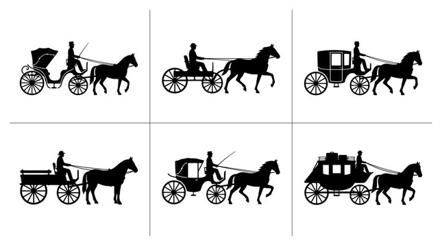 Horse and carriage silhouettes set with different historical vehicles for transport and travel logos