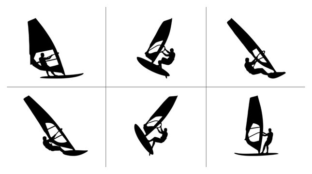 Windsurfer silhouettes set with figures riding on boards, water sports action for logo