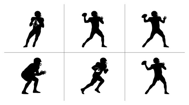 American football quarterback silhouettes set with throwing, running and ready stances for sports logo or app