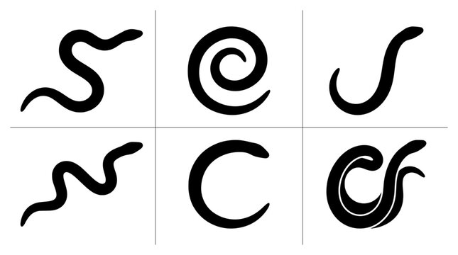 Slow worm silhouettes set with various poses for wildlife or nature themes for logos and signage