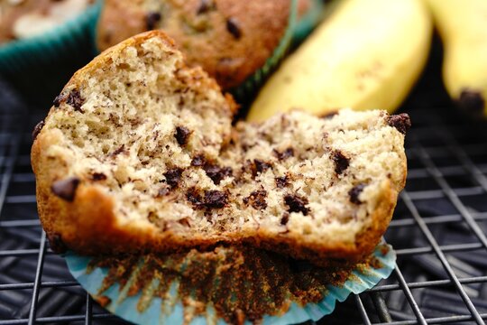 Homemade Banana chocolate chip muffins, selective focus