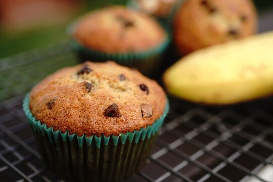 Homemade Banana chocolate chip muffins, selective focus