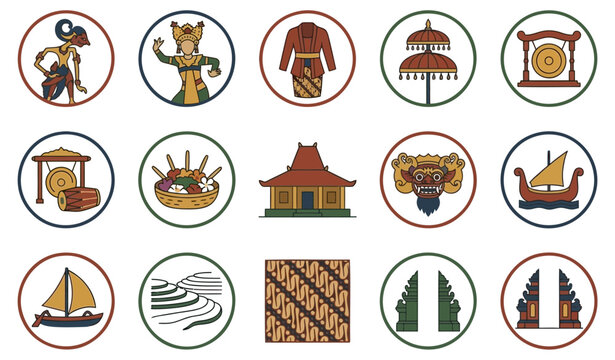 Indonesian culture symbols vector icons set featuring traditional puppet dancer clothing temple gong boat offering architecture and mask on transparent background