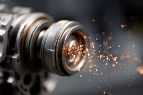 Metallic engine piston with flying sparks. Precision engineering and automotive technology concept. High performance motor part