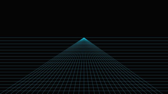 A perspective view of a glowing cyan neon grid receding into a dark black horizon, representing digital space and virtual reality concepts