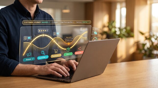 Customer journey mapping with CX strategist analyzing five customer touchpoints from awareness to advocacy, positive sentiment trends and checkout friction points using a digital analytics dashboard