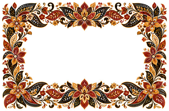 Indonesian batik style floral frame decorated with traditional ethnic motifs and gorgeous red brown patterns on transparent background