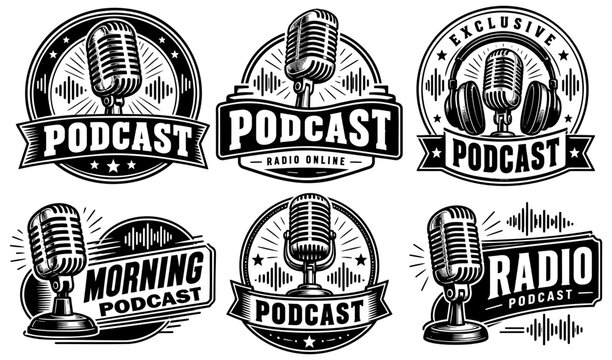 Vintage podcast logo set featuring retro microphones and audio waves drawn in detailed black and white vector art style isolated on transparent background