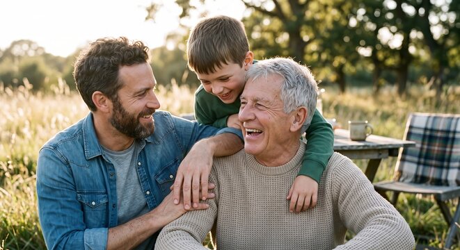 Three generations of men smiling and bonding together in a warm, sunlit meadow during golden hour.