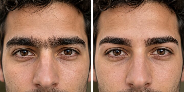 Before and after eyebrow grooming showing a connected unibrow and neat brows