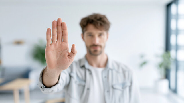 A young Caucasian man holding up his hand, signaling a stop gesture indoors.
