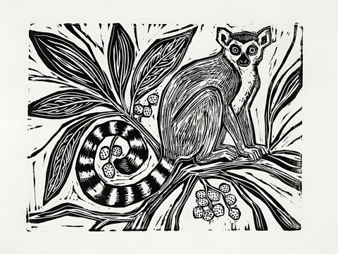 Black and white lemur sitting on a tree branch with leaves
