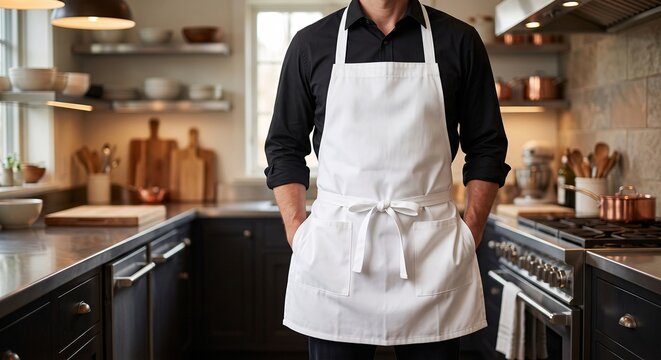 Mockup of a man in a modern kitchen wearing a blank white bib apron over a black shirt, hands in pockets. Clean template for branding design.