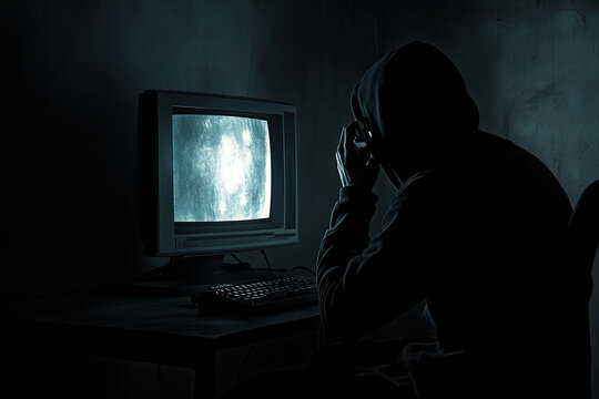 A person wearing a hood sits at a desk in a dimly lit room, intently gazing at a vintage computer screen displaying static. The atmosphere is tense, suggesting deep concentration or concern.