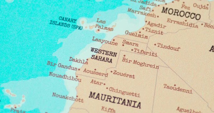 Zoom in view of western sahara on a vintage political world map
