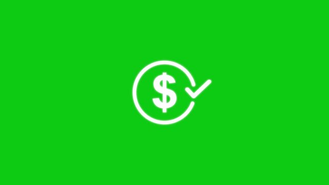 Dollar coin with check mark icon with looped animation. Abstract financial check mark with circle and dollar sign on green background and alpha channel.