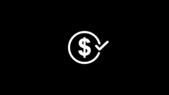 Dollar coin with check mark icon with looped animation. Abstract financial check mark with circle and dollar sign on black background and alpha channel.