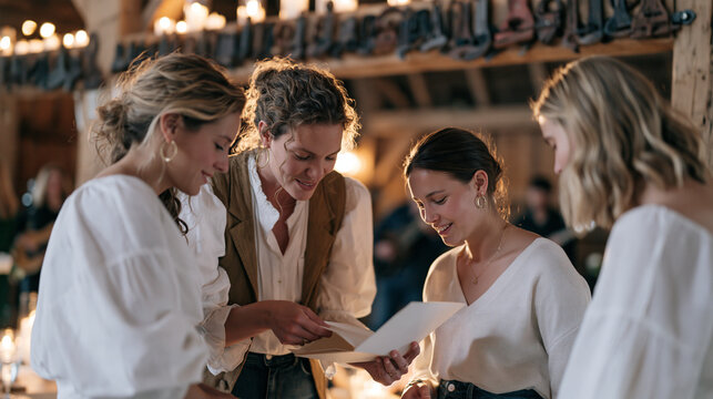 A community wedding coordinator passes down seating chart folding techniques to three younger assistants in a candlelit reception barn, a horizontal row of vintage tools hung on a