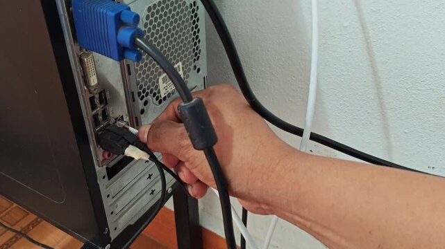 Plugging Ethernet Network Cable into Desktop Computer LAN Port