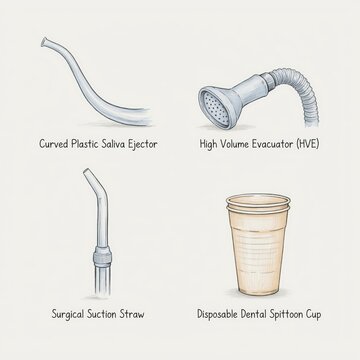 Illustrated dental tools including saliva ejector and spit cups