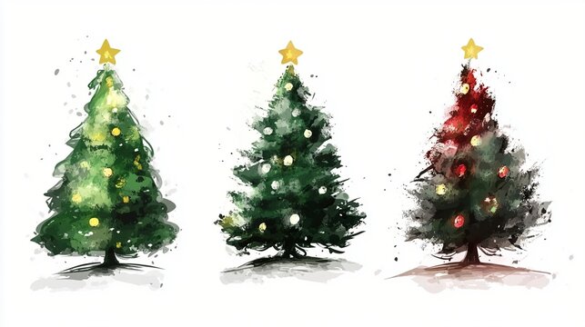 Festive watercolor illustration of three Christmas trees adorned with twinkling lights and golden stars, each uniquely painted in varying shades of green and red.