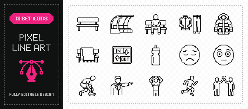 flat vector illustration pixel line art icon bundle set design displaying tired players sweat fatigue injuries and match substitution graphics for sports ui