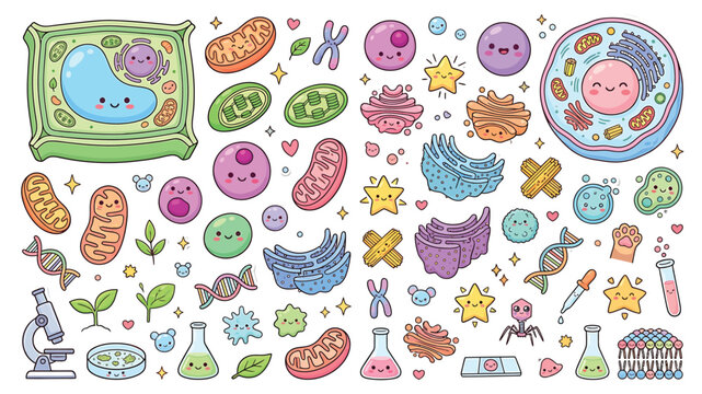Cute Biology Cell Organelle Icon Set, Kawaii Science Vector Illustrations for Educational Materials and School Projects