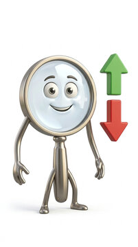 Smiling Magnifying Glass Character with Up and Down Arrows Business Growth and Search Concept