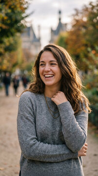 Smiling Young Woman Outdoors in Autumn Park with Blurred Architecture Background