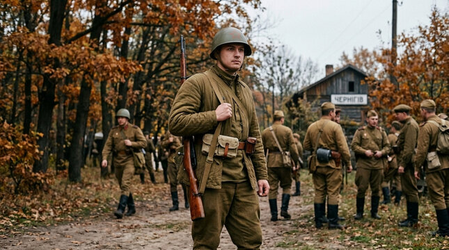 Soldier in uniform with rifle stands in autumn forest reenactment historical