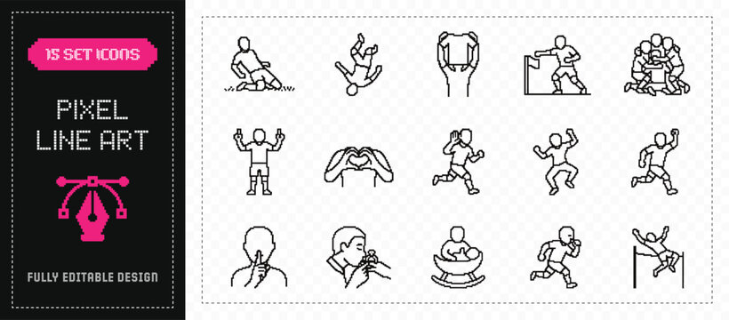 flat vector illustration pixel line art icon bundle set design showing stadium entertainment match mascots cheerleaders and halftime performance items for ui