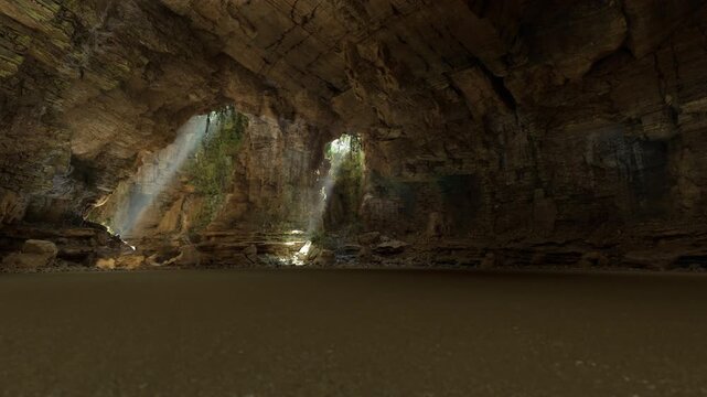 Dark limestone cave with light shafts, Waitomo glowworm caves ambiance with beams piercing ceiling openings, damp textured rock floor, moss patches, shallow