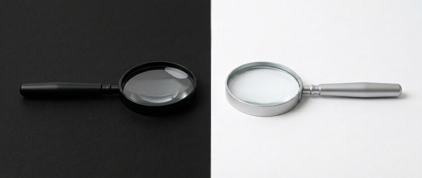 Split Contrast Magnifying Glasses on Black and White Backgrounds Insight Discovery Focus