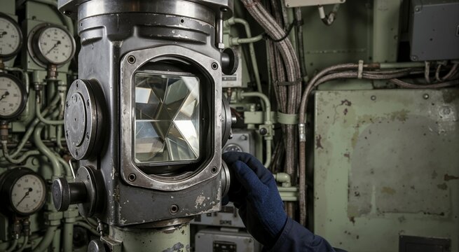 Submarine periscope prism and optical equipment. Maritime equipment and ship operations