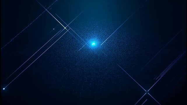 Abstract dark blue background with bright lens flares and intersecting light lines for hightech digital concepts 4k video